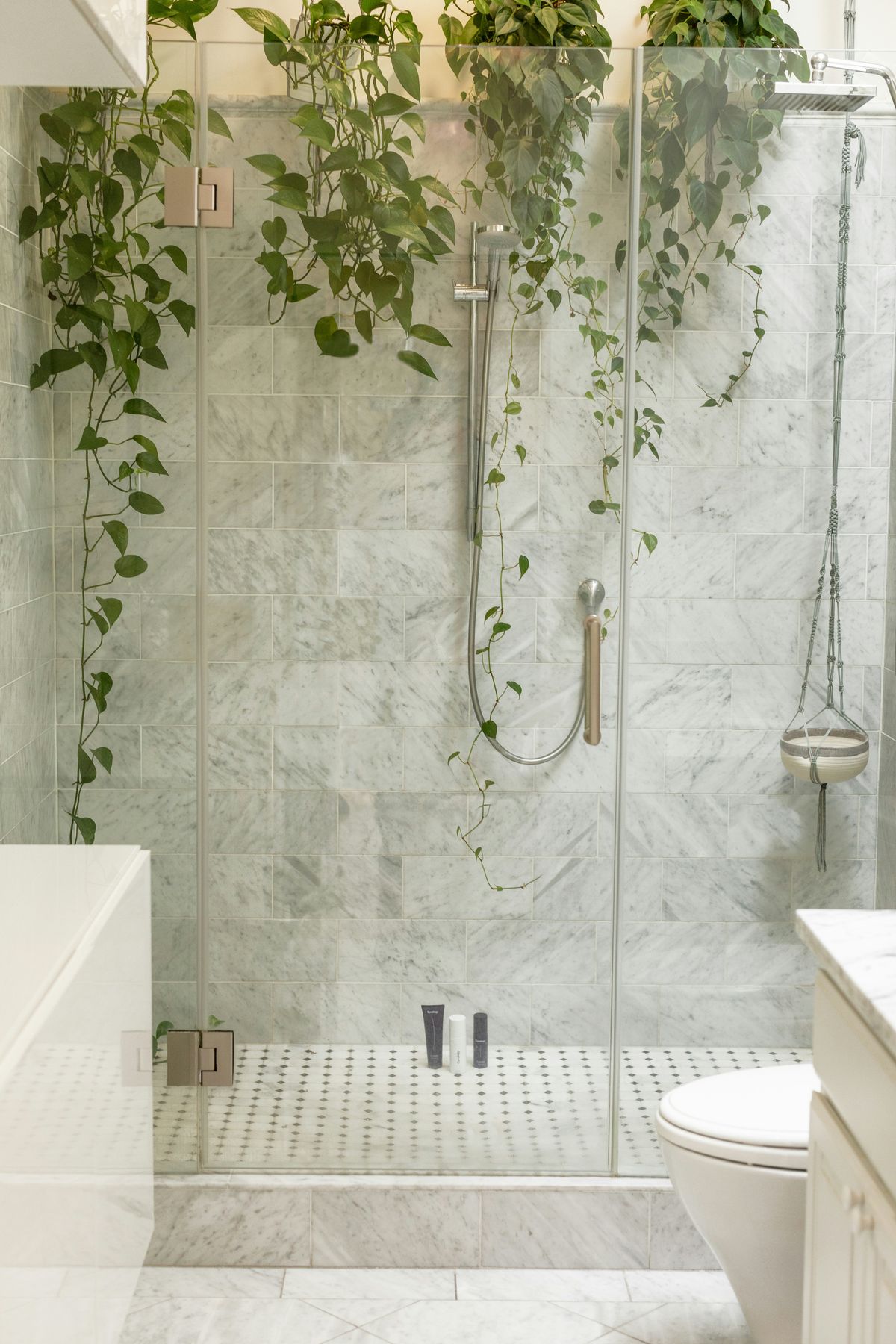 Glass-enclosed marble shower with hanging greenery — The Botanical Ensuite, Southlake