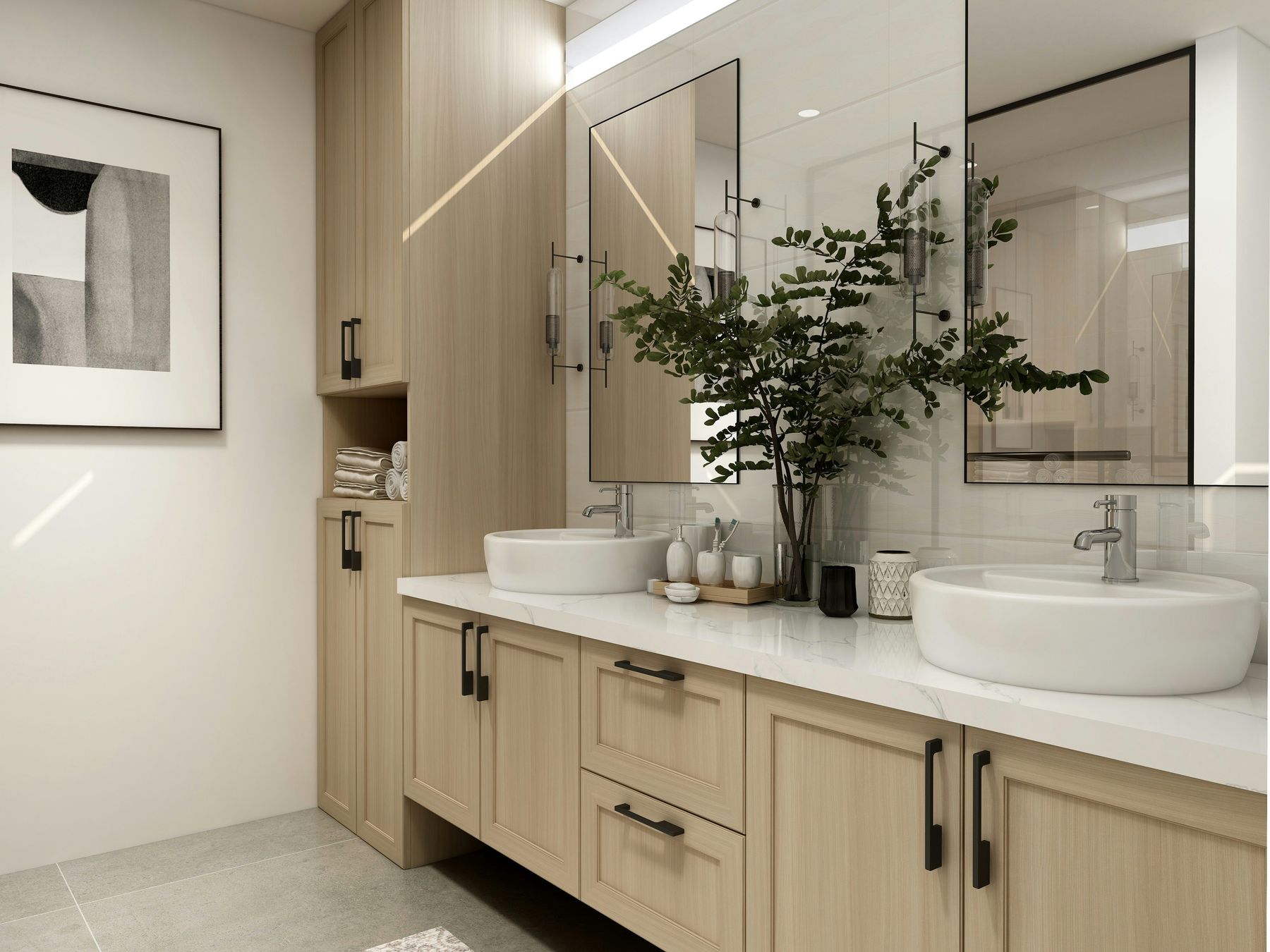 Double vanity bathroom with warm oak cabinetry and vessel sinks — The Westover Retreat, Fort Worth