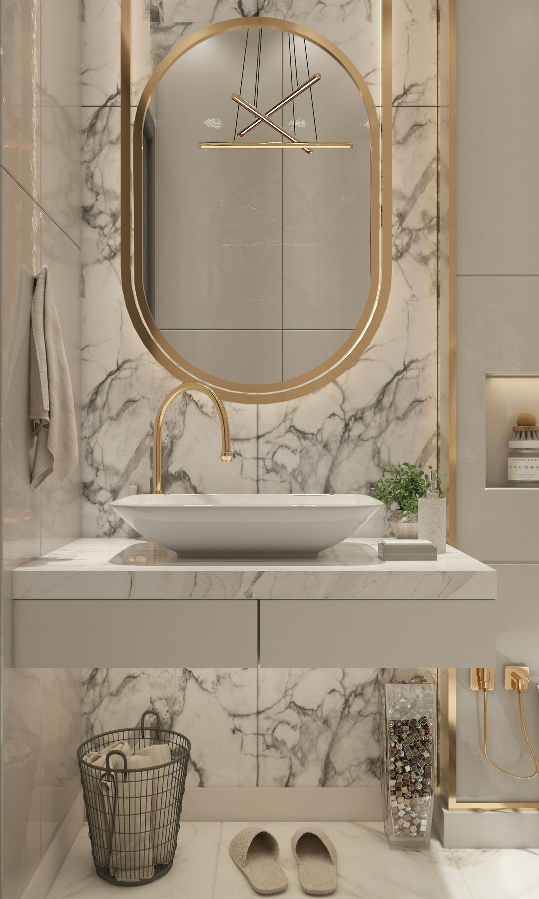 Marble powder room with brass oval mirror and brass gooseneck faucet — The Westlake Powder Room, Westlake
